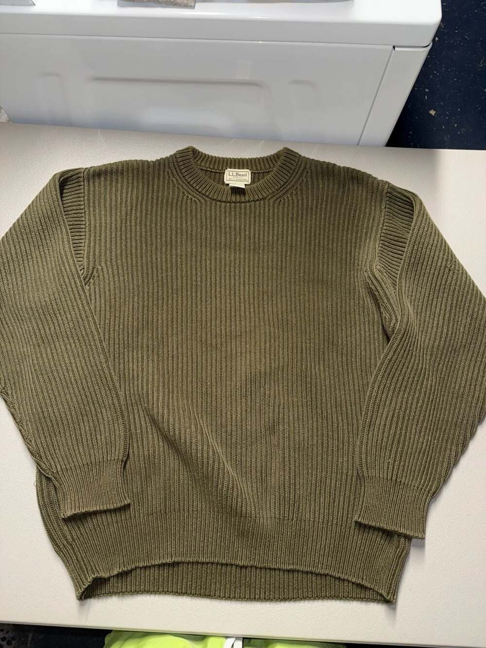 LL Bean Men's Medium Olive Army Green Cotton Ribbed Crew Neck Sweater